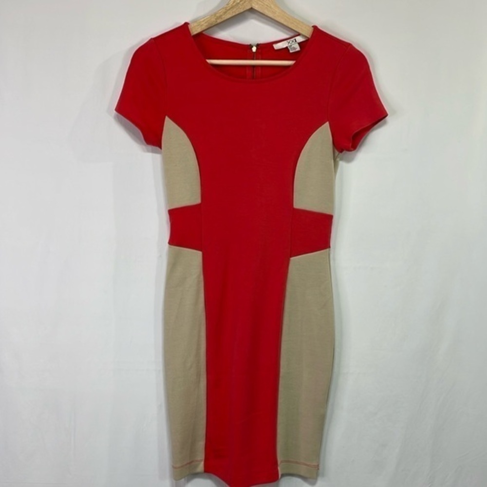 🪥 forever, 21 orange and tan color block, short sleeve knit dress